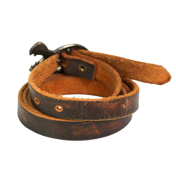 VTG BROWN REAL LEATHER 1/2"Wd HIPPO BUCKLE SKINNY DRESS WOMEN'S BELT Sz M (t73 - Picture 4 of 13